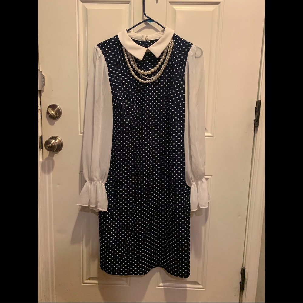 Shelby & Palmer Blue Polka Dot Collared Flowy Sheath Dress 3 Tier Necklace Sz 14